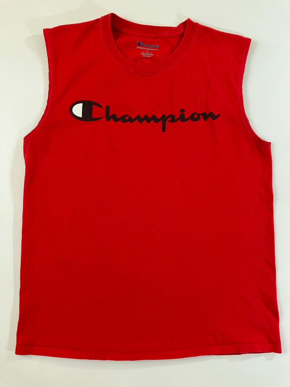 Champion Men M Red Sleeveless Muscle Tank Top Big Script Logo 100% Cotton